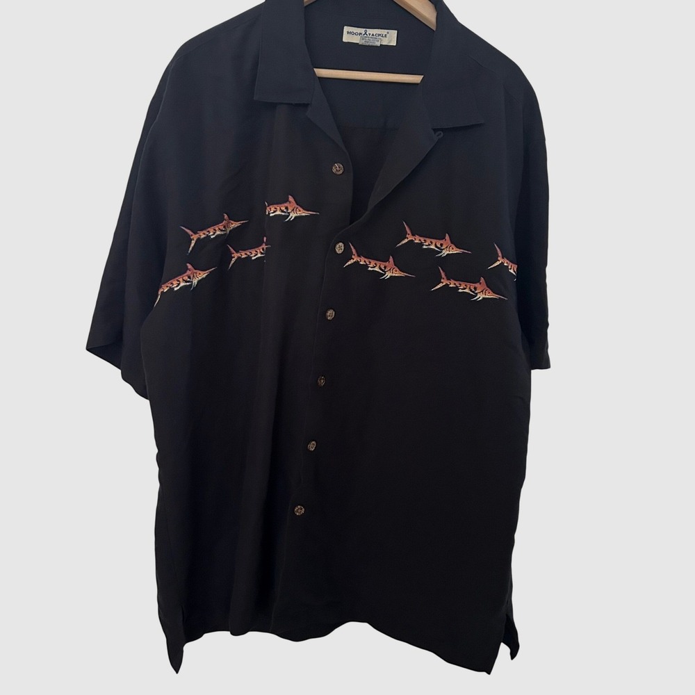 Hook & Tackle Marlin Fish Camp Shirt XL Black Embroidered Rayon Polyester